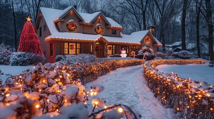 Snow-covered house with Christmas lights and decorations. Garlands, snowmen, Christmas trees. Christmas. New Year's card.	
