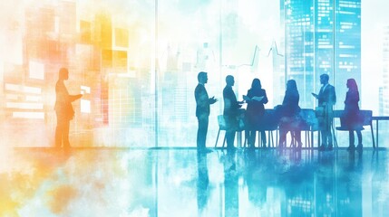 Poster - Group Discussion in a Watercolor Business Scene