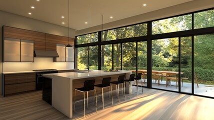 Wall Mural - A modern kitchen and dining area with large windows overlooking a view of trees and a lake.