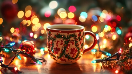 Wall Mural - A cup of coffee is sitting on a table with Christmas lights and decorations