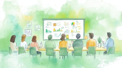 Poster - Colleagues Engaged in Discussion in Watercolor Scene