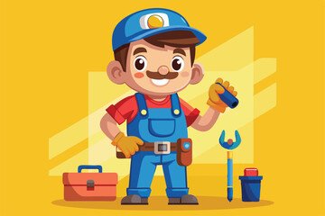 Aufkleber - A handyman cartoon character holds a tool, equipped to repair plumbing in a colorful setting, a cartoon character of a Handyman Plumber cartoon