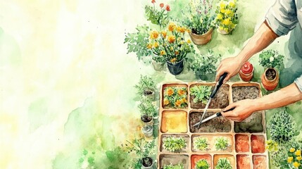 Watercolor Painting of a Person Tending a Garden