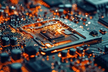 Poster - Electronic circuit board showing cpu processor generating sparks