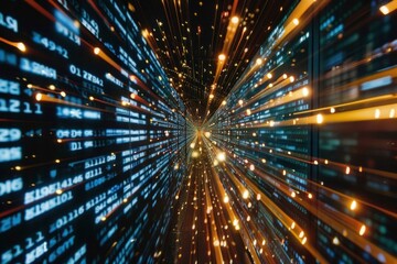 Fototapete - Blurred blue code streams along a dark tunnel lit by streaks of golden light, symbolizing rapid data transfer