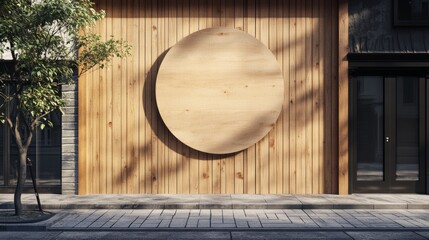 Wall Mural - Circular Mockup Signboard on Wooden Wall in Street Setting