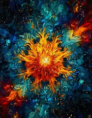 Wall Mural - A stunning abstract floral design in bright, fiery hues of orange and blue set against a deep background. This vibrant digital artwork radiates energy, making it a focal point for modern decor.. AI