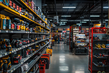 Hardware store aisle featuring a wide variety of cordless power tools for construction and renovation