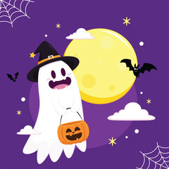 Wall Mural - Cute ghost floating with Halloween pumpkin basket for Trick or Treat. Funny spooky boo character. Spook phantom with happy smiling face expression. Isolated kids flat vector illustration.