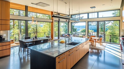 Wall Mural - A modern kitchen and dining area with large windows overlooking a view of trees and a lake.