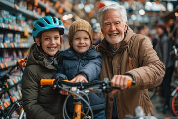 Grandfather chooses a bicycle for his grandson's birthday in a sports store