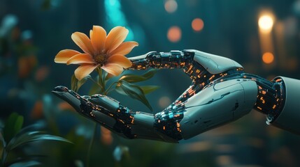 Canvas Print - A robotic hand delicately holding a flower, showcasing the intricate details of artificial intelligence and its connection with nature.