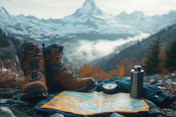 Camping gear is lying on the ground, indicating that someone has decided to take a break from hiking to enjoy the scenic view of the natural landscape.