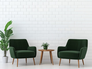 Living room interior with dark green sofa and armchair, tiled wall