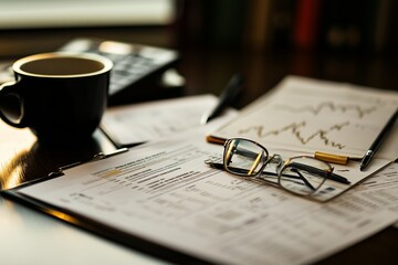 Poster - An organized workspace featuring financial documents, a coffee cup, glasses, and a calculator during a morning review session