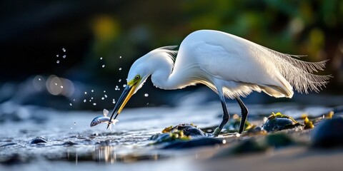 Wall Mural - A majestic white heron is catching fish in shimmering water. The scene captures the beauty of nature and wildlife photography. This image illustrates the elegance of birds hunting. AI