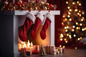 Wall Mural - Christmas sock Christmas fireplace holiday.