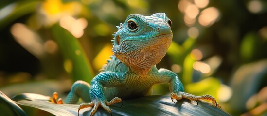 Canvas Print - Blue Lizard on a Green Leaf