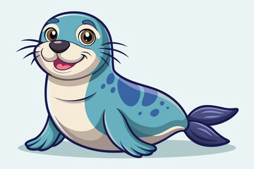 Poster - A cartoon seal smiles joyfully while resting on the warm sand by the ocean, a cartoon character of a seal