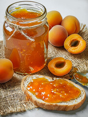 Fototapete - A glass jar filled with apricot jam, placed on a piece of burlap, next to it is a slice of bread with apricot jam