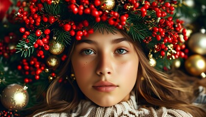 Festive teenage girl with a wreath of red berries and golden ornaments surrounded by vibrant Christmas decorations, ideal for holiday promotions and seasonal themes