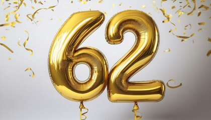 gold birthday / anniversary balloon, number 62, white background with confetti