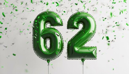 Green birthday / anniversary balloon, number 62, white background with confetti