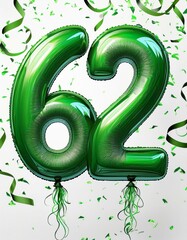 Green birthday / anniversary balloon, number 62, white background with confetti