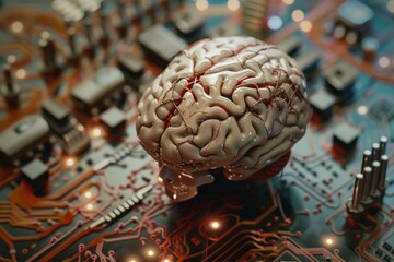 Poster - human brain sitting on a circuit board representing the future of artificial intelligence