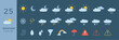 © Kseniia Filimonova - Weather icons set, collection. Weather forecast icon set. All seasons weather icon isolated blue background. Weather, rain, snowflakes, thunderstorm, sunny, cloudy, wind, daylight, night, temperature,