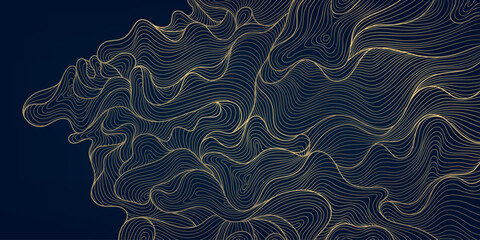 Wall Mural - vector gold line wave background, glitter on black premium flow illustration. japanese copper vintag