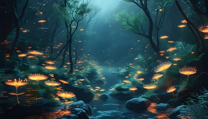 Enchanted underwater forest illuminated by radiant bioluminescent plants