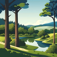 Summer Landscape Illustration with River and Trees