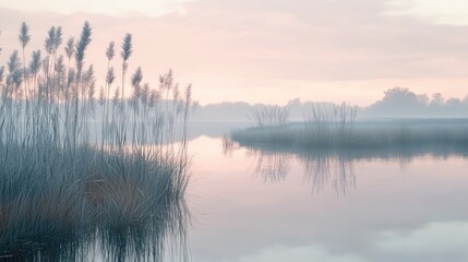 Wall Mural - A tranquil marshland at dusk, with tall reeds swaying gently in the breeze and a soft pink sky reflected in the still water.