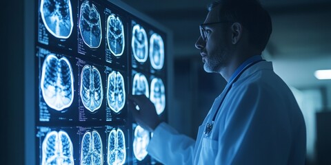 Doctor examining X-rays on a lightbox, focused expression, medical office ambiance, soft background for a professional atmosphere