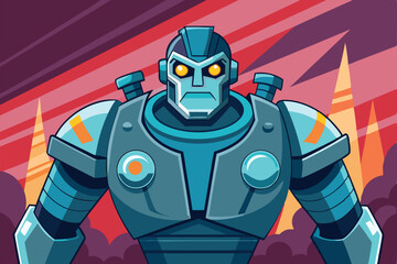 Poster - A powerful robot soldier stands ready for action in a colorful, dynamic environment, a cartoon character robot cyborg soldier