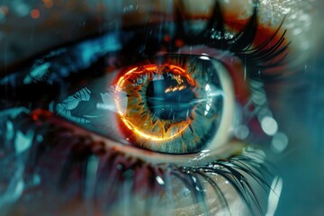 Poster - Close up of a human eye reflecting a futuristic technological world