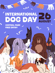 Wall Mural - Design of event poster of International Dog Day. Template of promotion of doggy holiday. Domestic animals, pets, puppies of different breeds: akita, dobermann, samoyed. Flat vector illustration