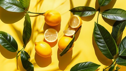 Wall Mural - Lemon Fruit and Green Leaves on Yellow Background