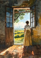 Wall Mural - Woman Looking Out A Window At A Countryside Landscape