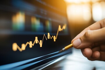 Poster - Analyzing market trends with a digital graph during the evening in a modern office setting