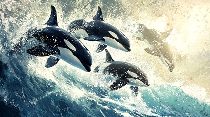 Wall Mural - three orcas leap from the ocean waves, splashing water in the air.