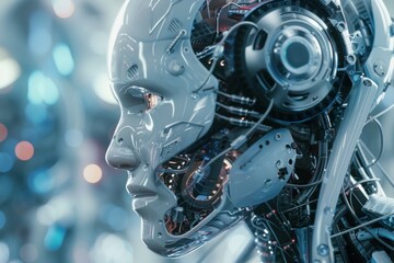 Poster - Robot with exposed circuitry is analyzing data in a futuristic laboratory