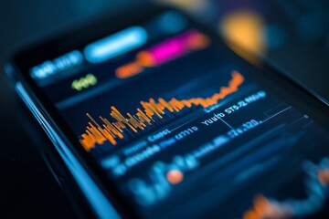 Poster - Charting stock market trends on a smartphone with vibrant data visuals at night