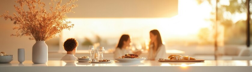 Modern dining room, family enjoying meal, bright, inviting