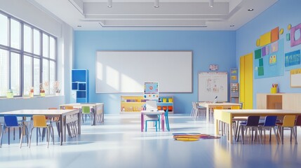 Poster - AI artist robot demonstrating art techniques to children on smartboards in a sleek, modern classroom. No logo, no people.