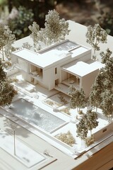 Wall Mural - White Model Home with Swimming Pool and Surrounding Trees