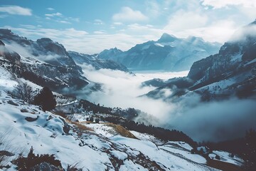 Poster - Snowy Mountain Landscape with Fog and Clouds