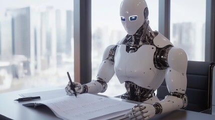 Poster - Business robot composing a paper-based marketing plan, symbolizing AI-driven business strategy development. No people, clean professional space.