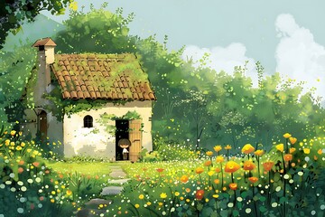 Wall Mural - Little Girl Opening Door of Cottage in the Woods